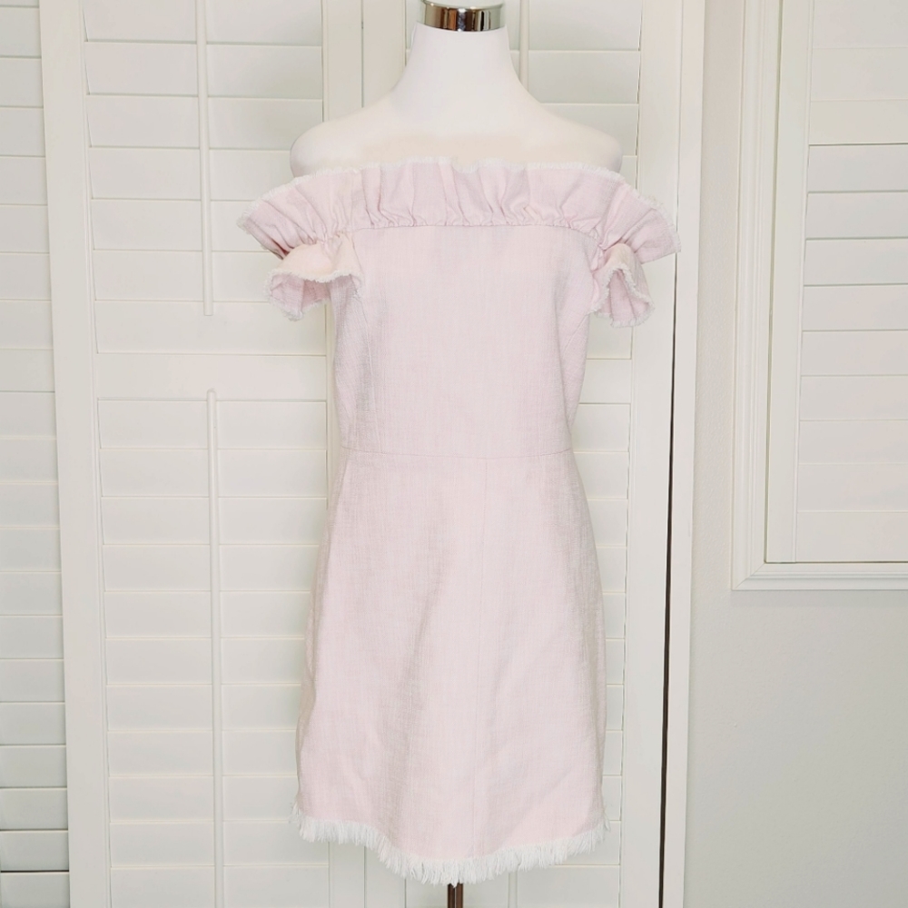 REBECCA TAYLOR Pink Slub Off-the-Shoulder Ruffle Dress